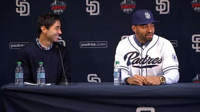 A.J. Preller, left, is all smiles these days after bringing in players like Matt Kemp, right, as the Padres look to be relevant once more. 